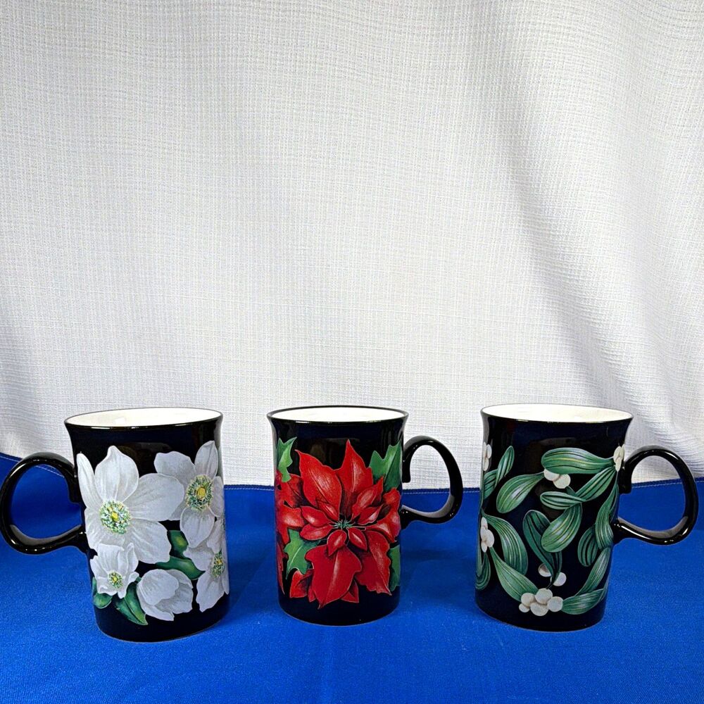 Dunoon Vintage Stoneware Christmas Floral Coffee Mugs Set of 3 10 fl oz